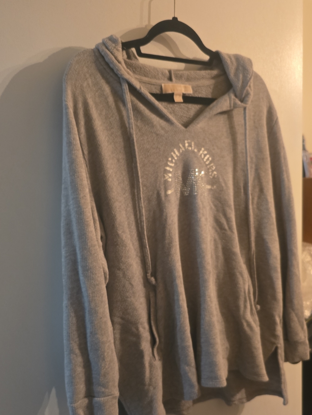 Michael Kors Light Gray Hooded V-Neck Sweater Logo
